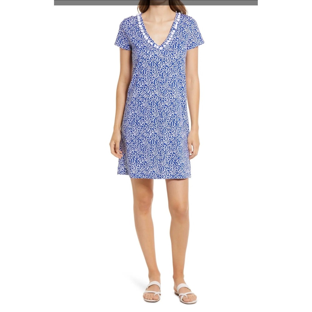 NWOT Lilly Pulitzer | Etta Print Shift Dress M Blue White Pom Pom Pima 6269530
